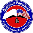 A red white and blue logo with the words " operation paperback " in it.