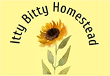 A yellow background with a sunflower and the words itty bitty homestead.